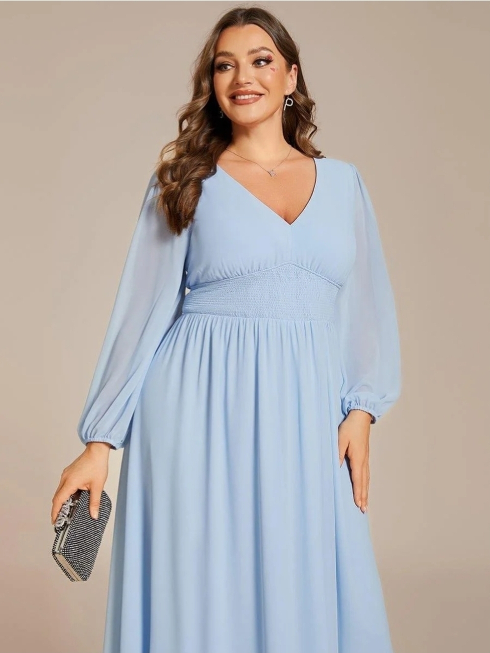 Ever Pretty Light Blue V-Neck Midi Dress with Sheer Long Sleeves - Picture 4 of 6
